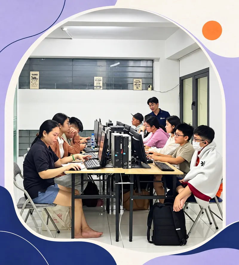 Ảnh ghép thiết kế từ ảnh lớp tin học thực tế do chủ website cung cấp.