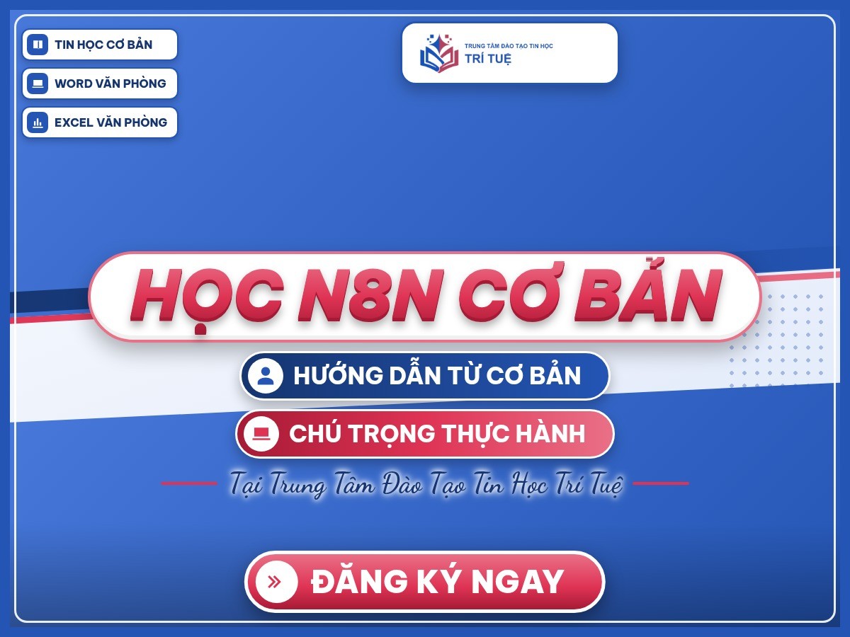 Poster “Học n8n cơ bản” trên nền thương hiệu xanh dương và hồng, kèm các khóa tin học văn phòng.