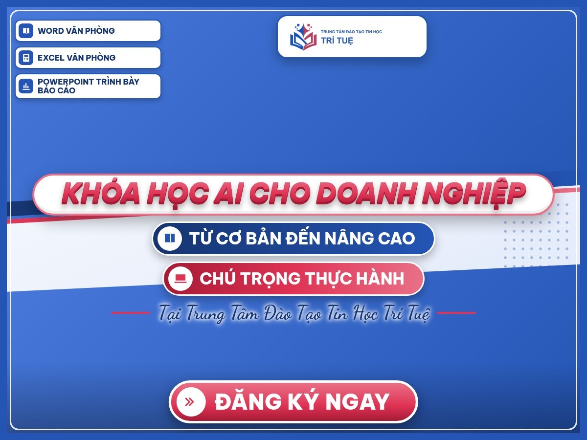 Poster “Khóa học AI cho doanh nghiệp” trên nền thương hiệu xanh dương và hồng, nhấn mạnh thực hành.