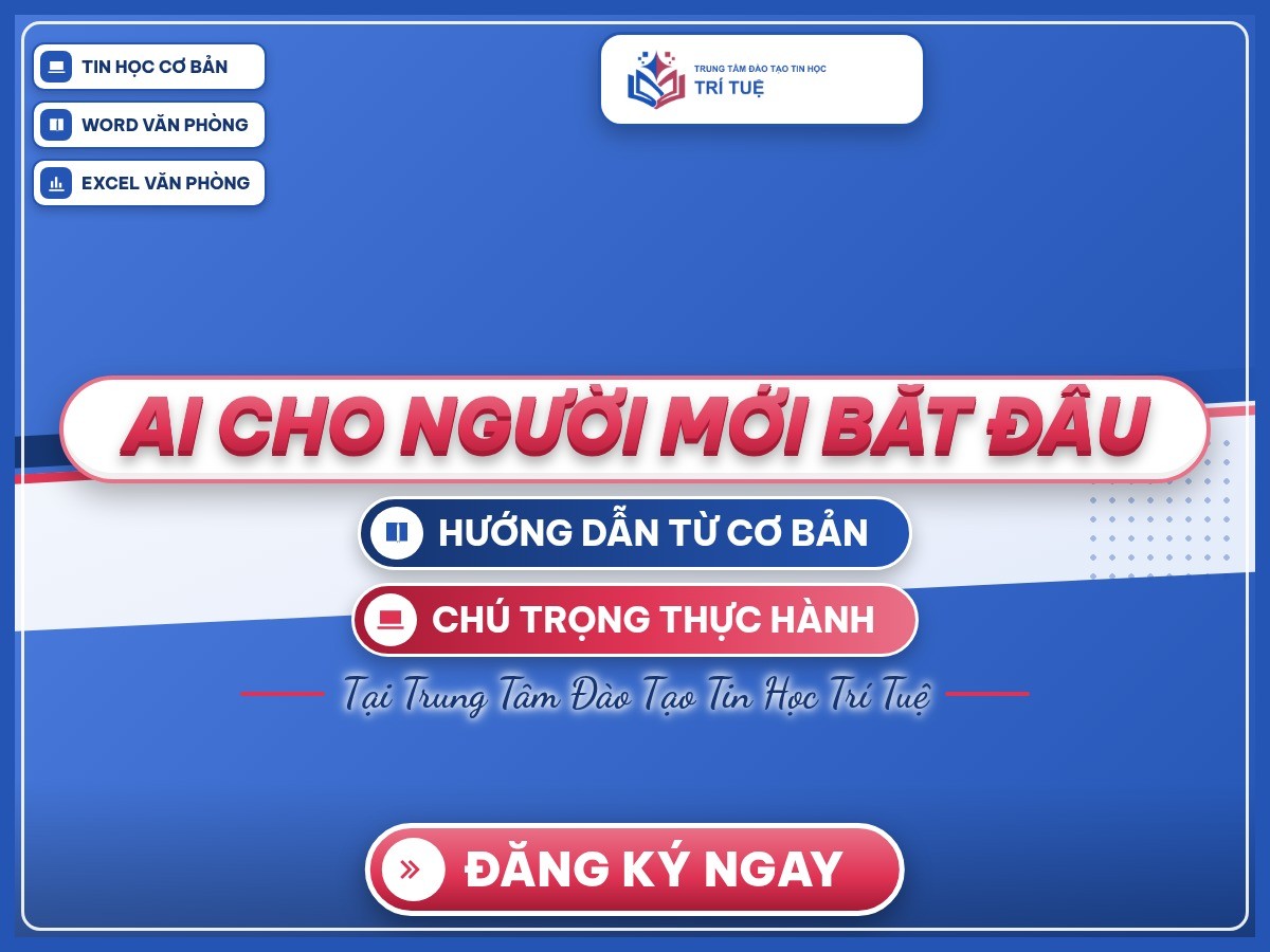 Poster khóa học AI cho người mới bắt đầu, chữ “AI cho người mới bắt đầu” trên nền thương hiệu xanh và hồng.